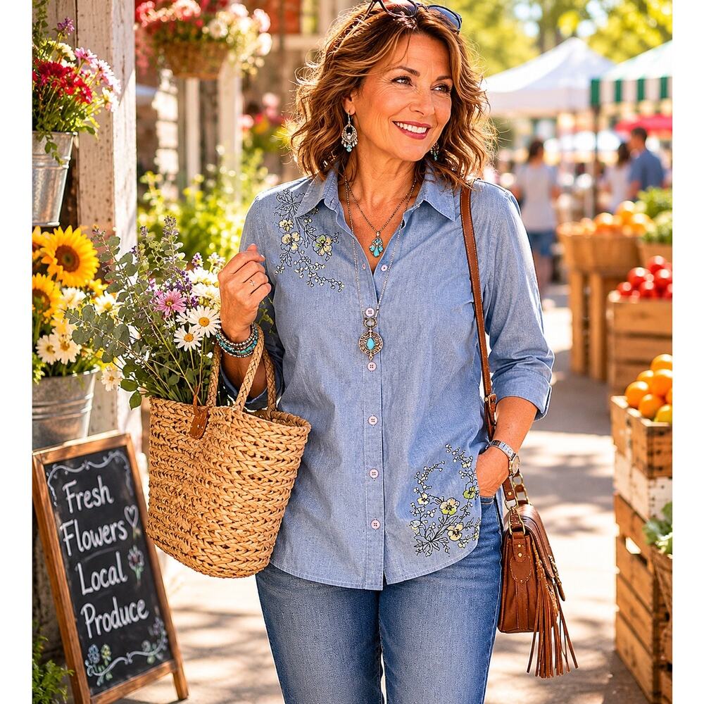 Classics Elements Woman Chambray Embroidered Button Up Shirt 16W/18W